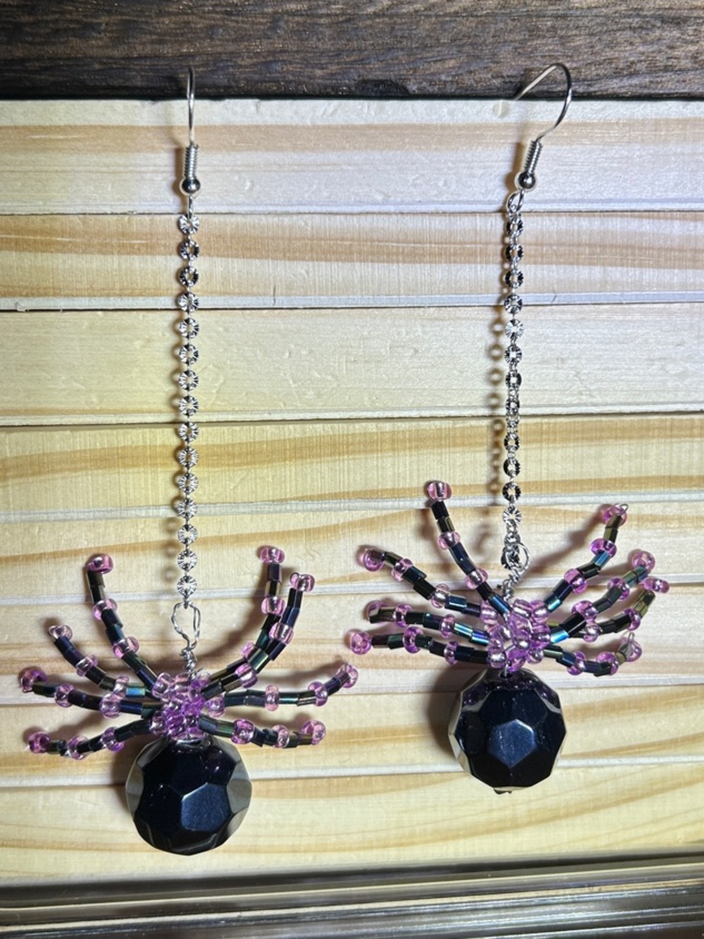 Black & Purple Beaded Spider Dangle Earrings